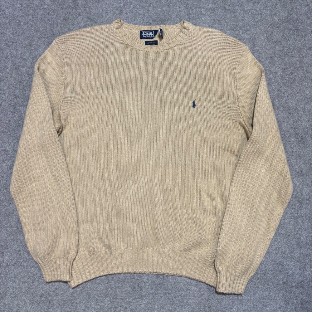 Polo Ralph Lauren Mens Large Tan Beige 100% Cotton Crewneck Sweater Blue Pony